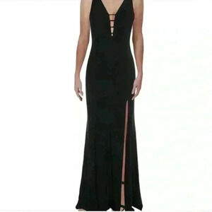 Aqua Black Satin Lined Floor Length Formal Dress